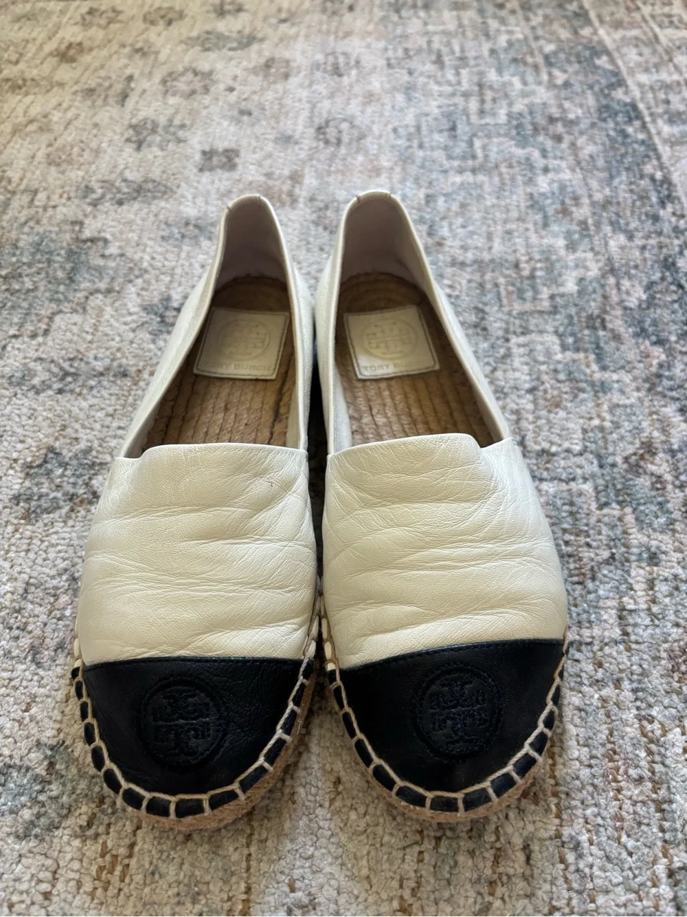 Tory Burch White Leather Espadrille Flats with Black Cap Toe 5